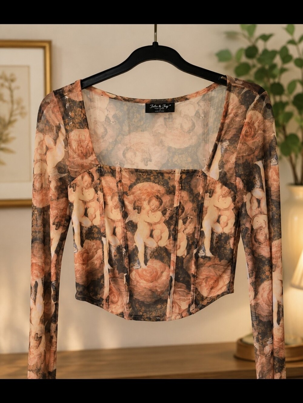Peach Cherub Print Long-Sleeve Corset Top